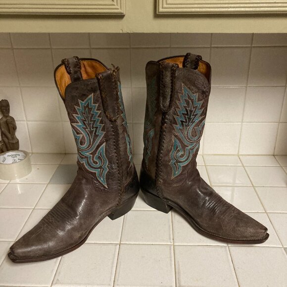 Lucchese Handmade Cowboy Boots Size 10.5 D Snip Toe Blue Embroidery main image 13